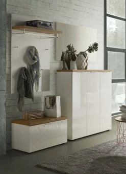 Scarpiera Aspidistra, 122x34h115 cm, Bianco lucido e Rovere<Dmora Shop