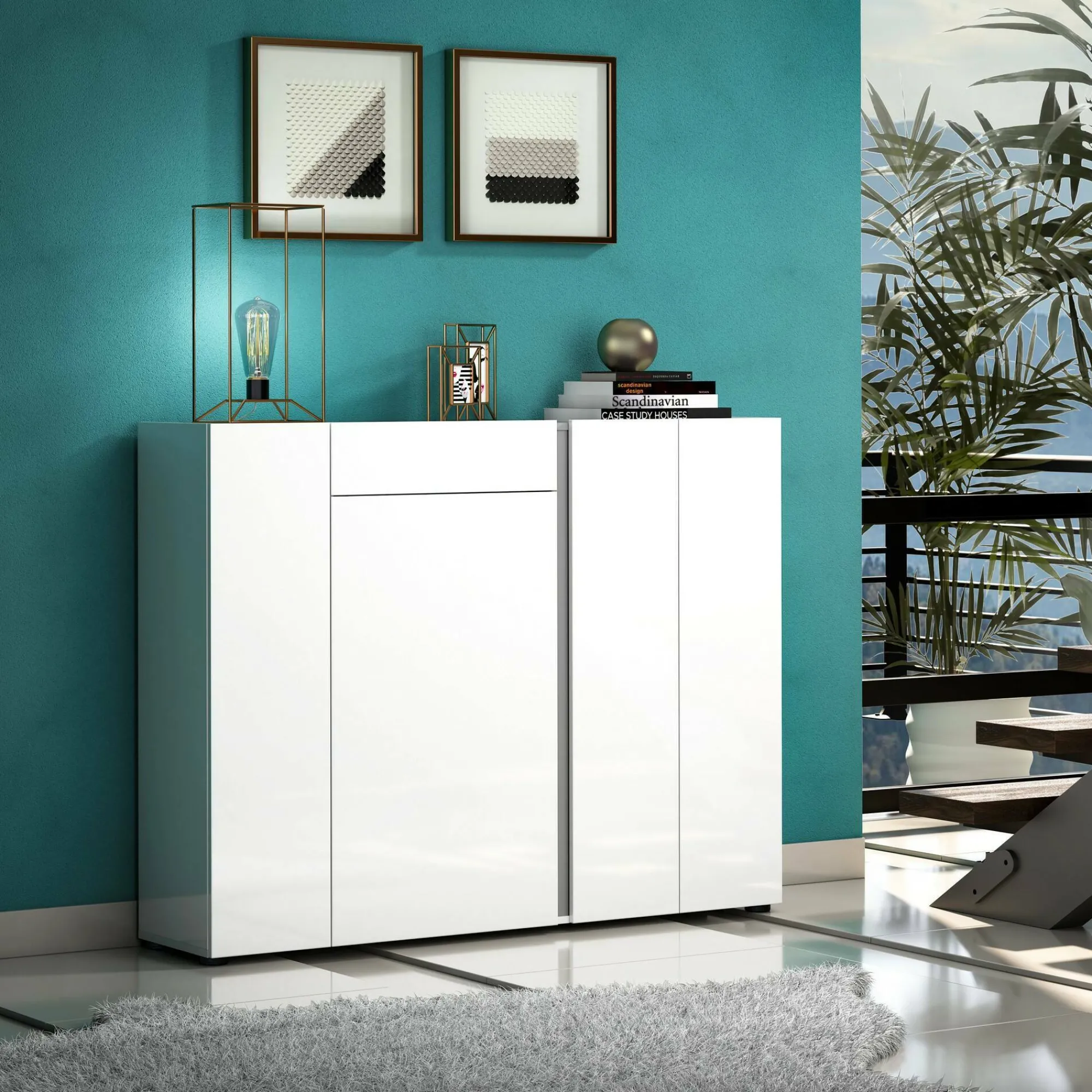 Scarpiera Aureliano, 149x33h115 cm, Bianco lucido e Antracite<Dmora New