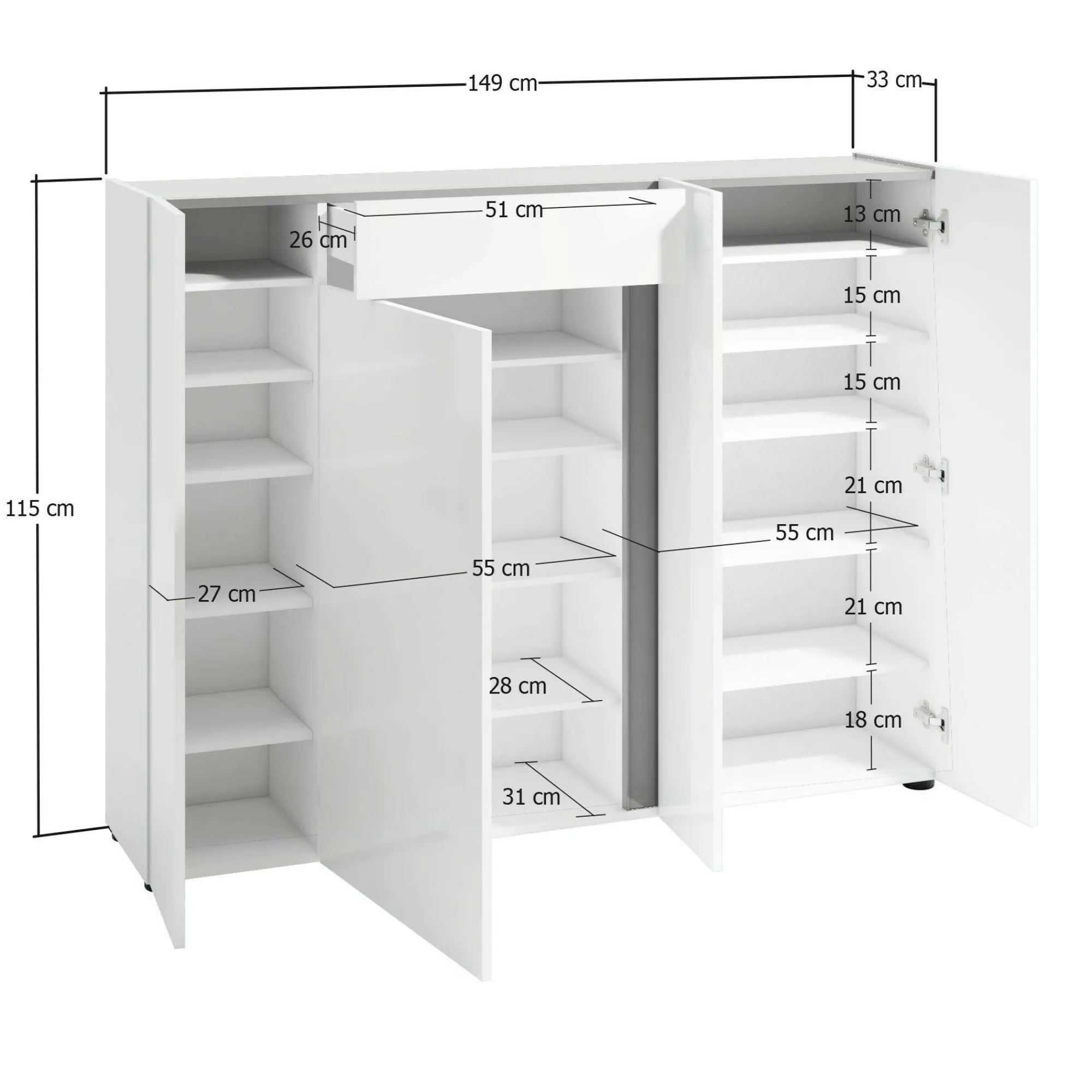 Scarpiera Aureliano, 149x33h115 cm, Bianco lucido e Antracite<Dmora New