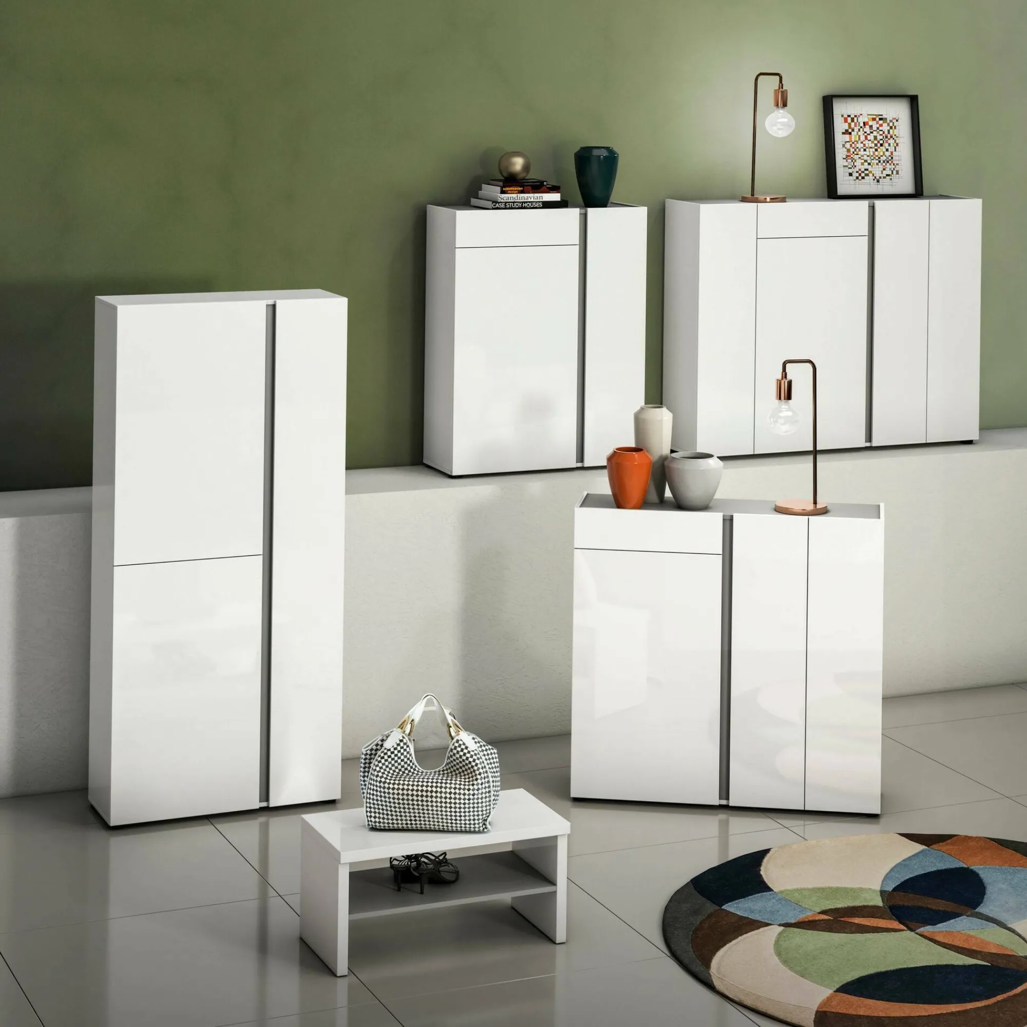 Scarpiera Aureliano, 149x33h115 cm, Bianco lucido e Antracite<Dmora New