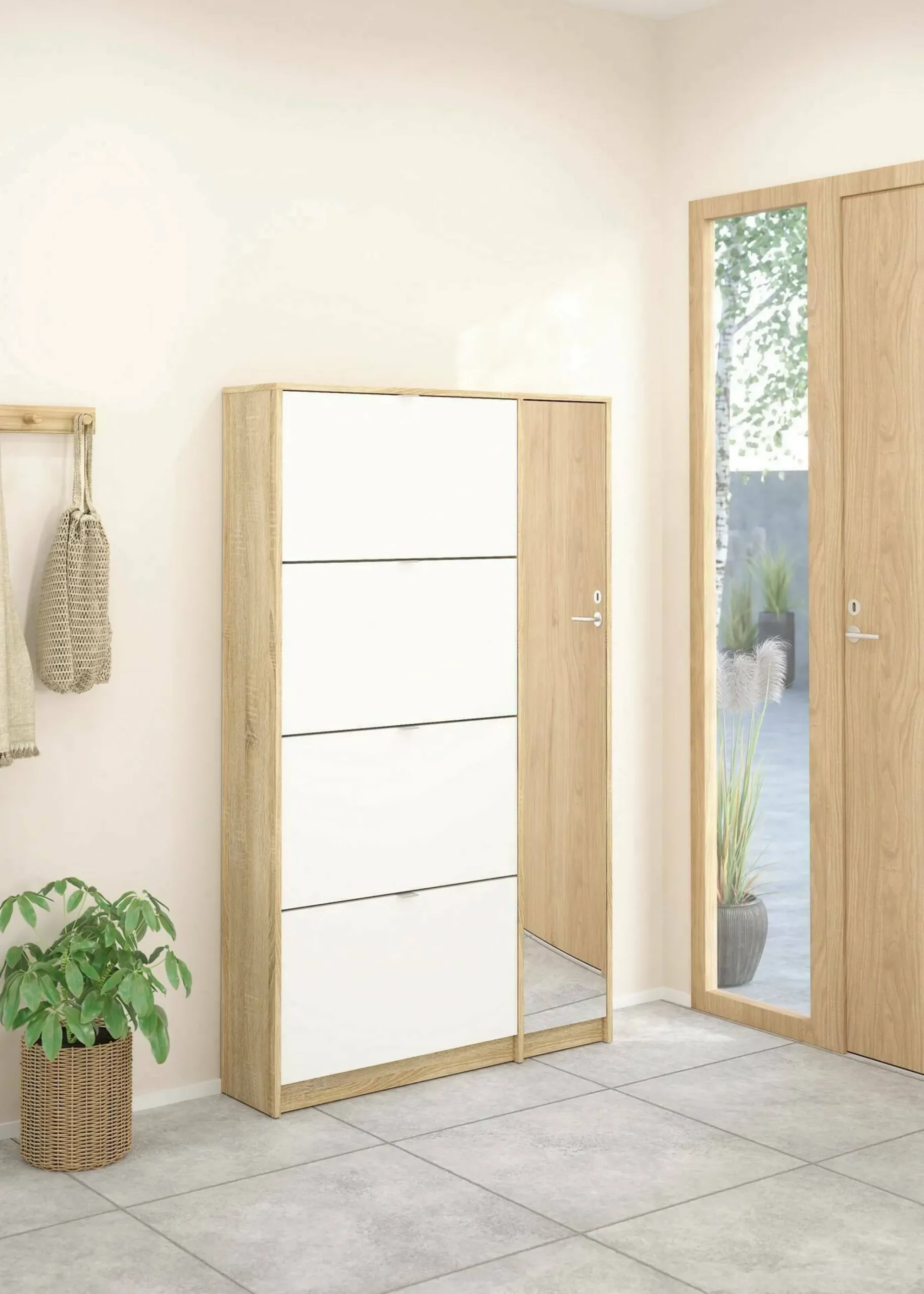 Scarpiera Brie, Mobile portascarpe, Armadio da ingresso multiuso, Mobiletto per calzature, 99x24 h162 cm, Quercia e Bianco<Dmora Hot