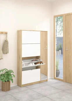 Scarpiera Brie, Mobile portascarpe, Armadio da ingresso multiuso, Mobiletto per calzature, 99x24 h162 cm, Quercia e Bianco<Dmora Hot