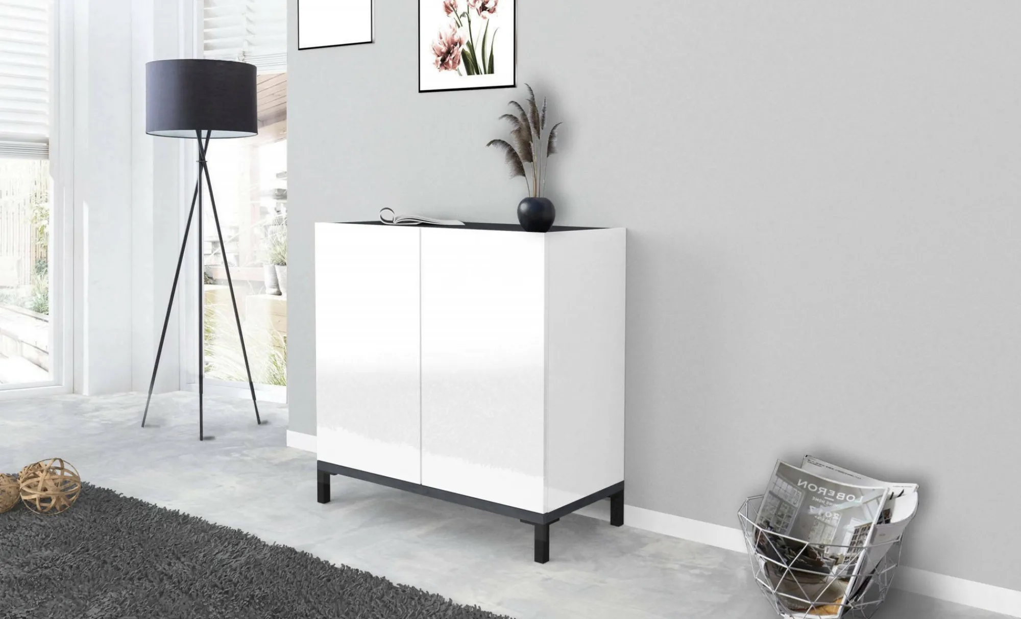 Scarpiera Dabbaso, cm 80x40h80, Bianco lucido e Ardesia<Dmora Clearance
