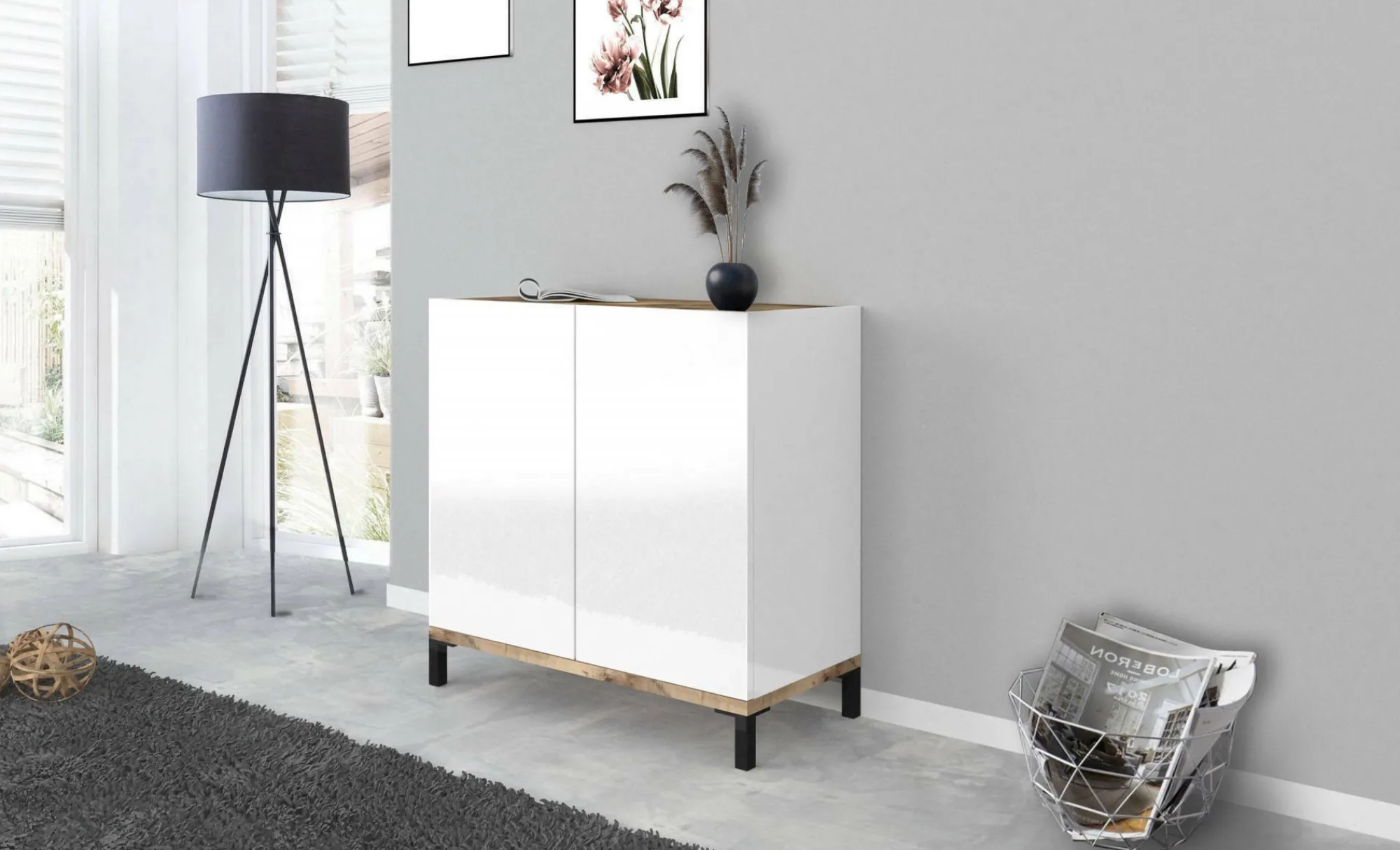 Scarpiera Dabbaso, cm 80x40h80, Bianco lucido e Acero<Dmora Online