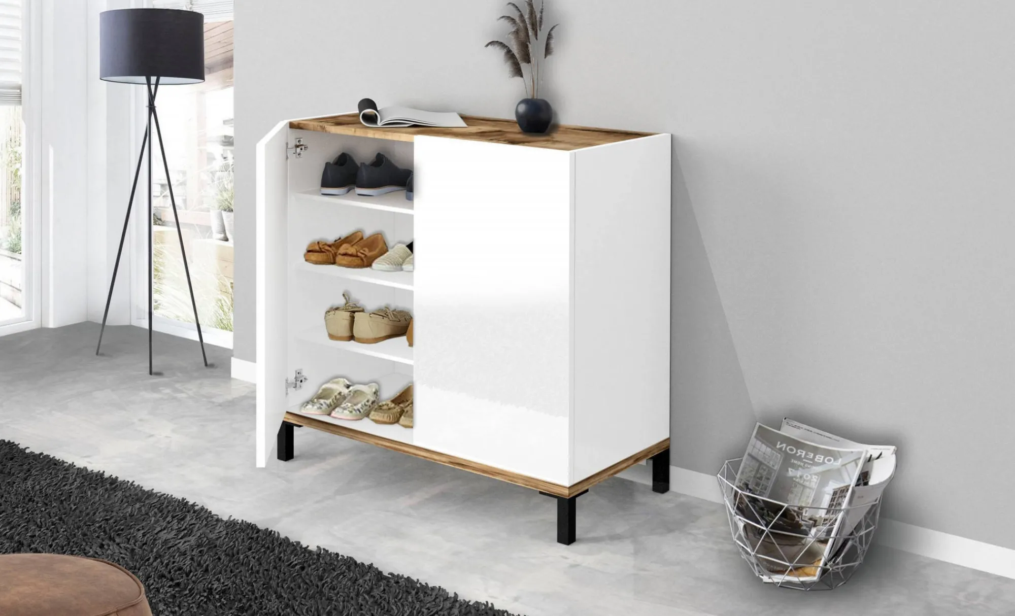 Scarpiera Dabbaso, cm 80x40h80, Bianco lucido e Acero<Dmora Online