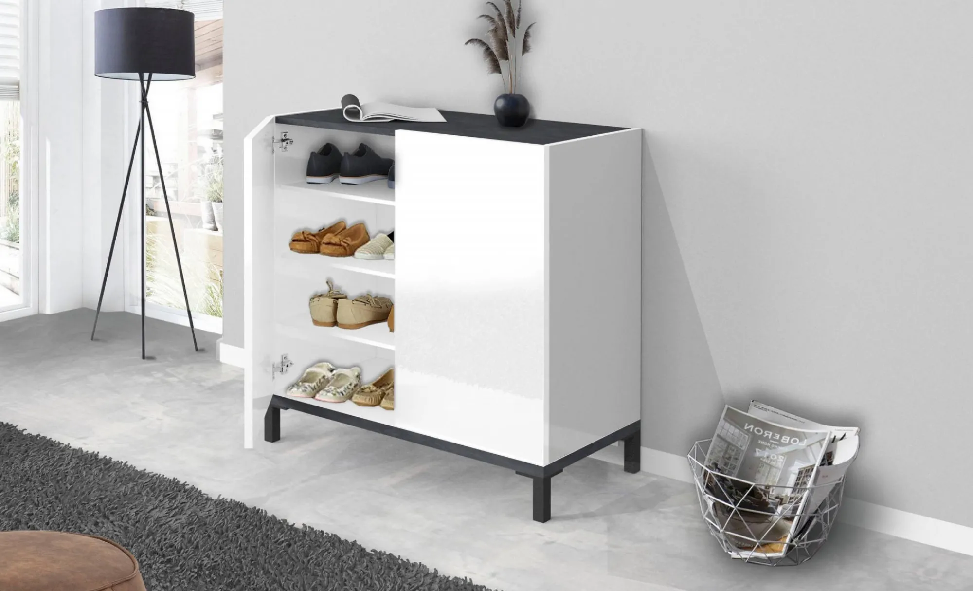 Scarpiera Dabbaso, cm 80x40h80, Bianco lucido e Ardesia<Dmora Clearance