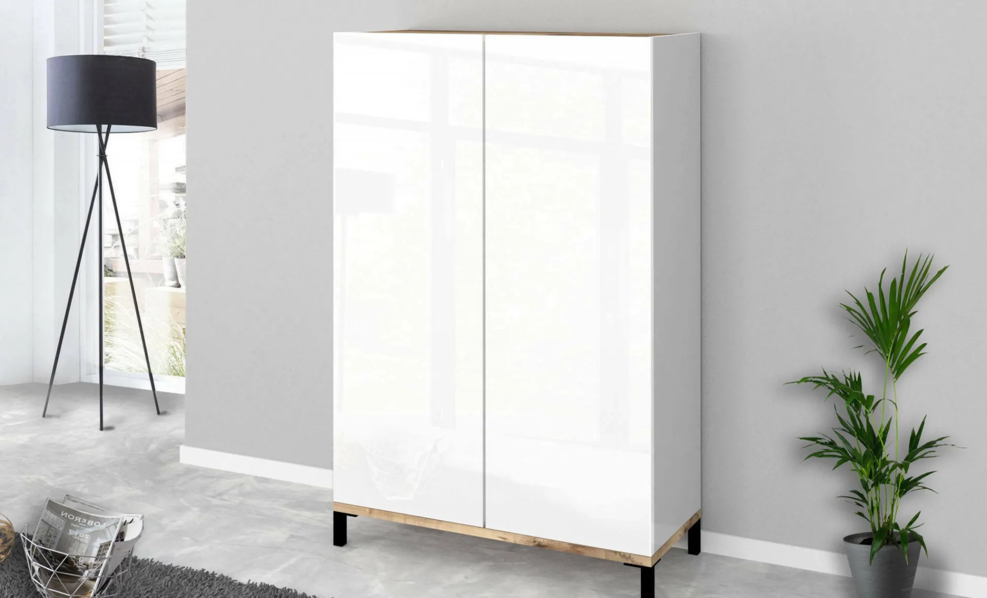 Scarpiera Dbrenza, cm 90x40h147, Bianco lucido e Acero<Dmora Fashion