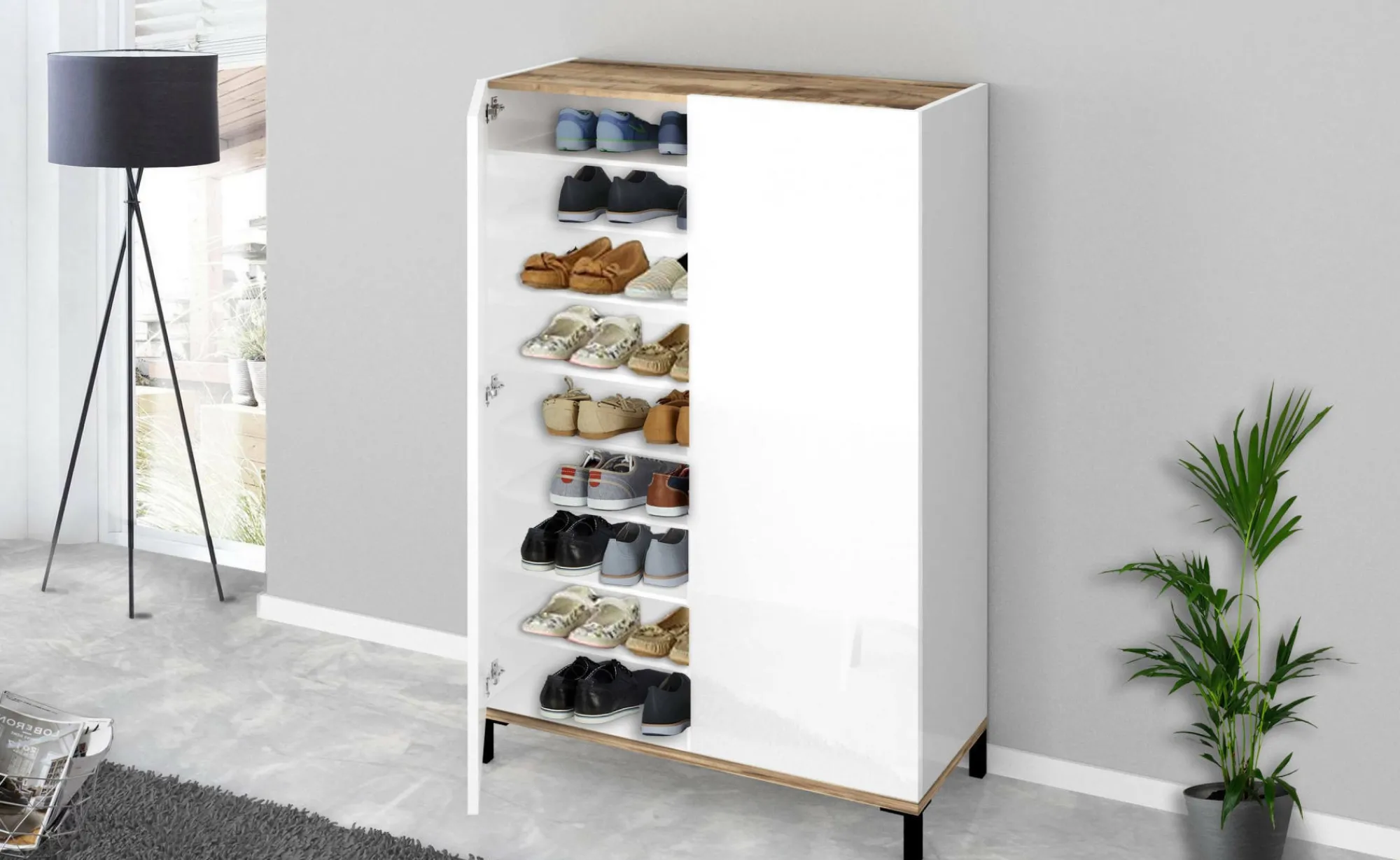 Scarpiera Dbrenza, cm 90x40h147, Bianco lucido e Acero<Dmora Fashion