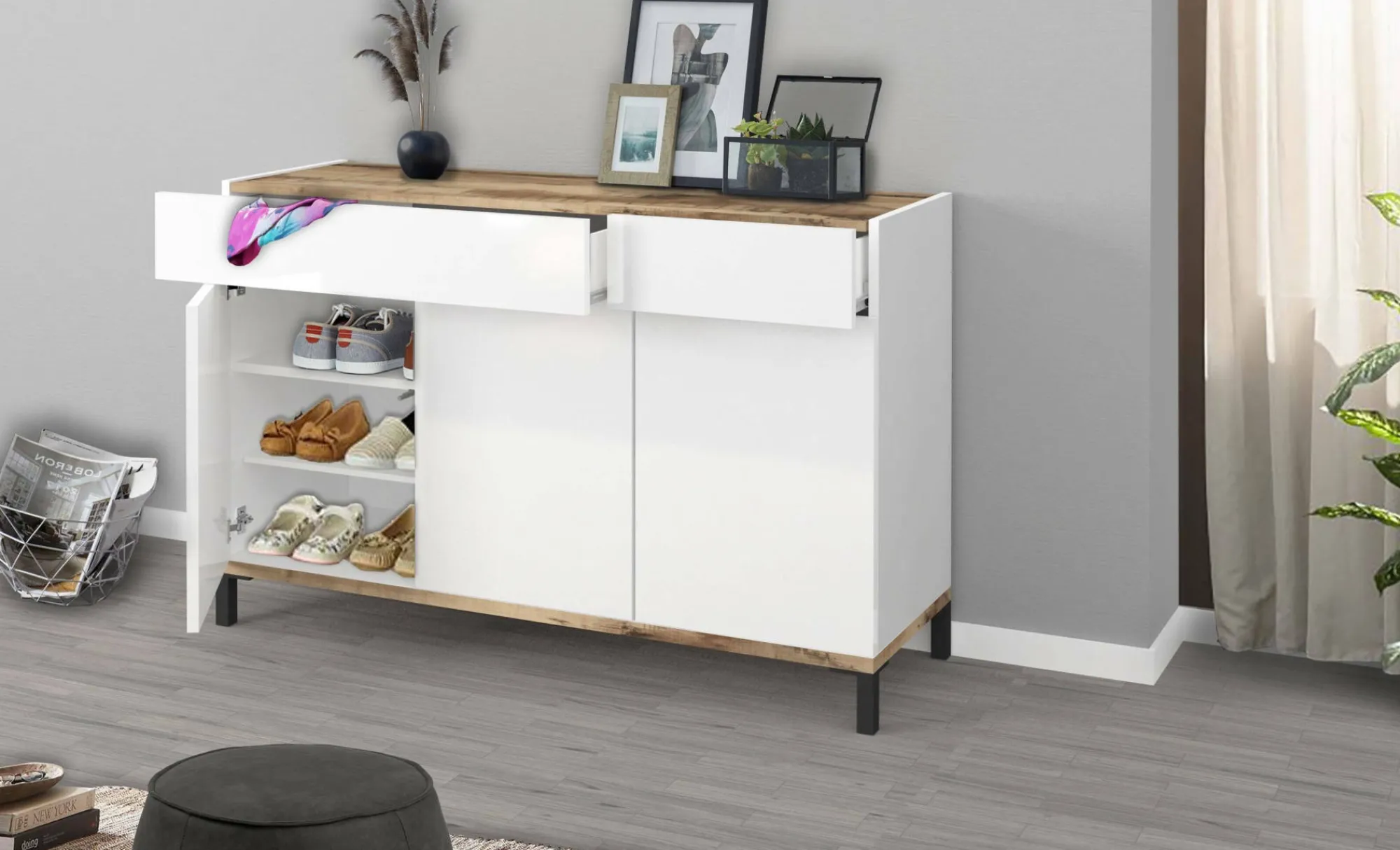 Scarpiera Dcamar, cm 120x40h80, Bianco lucido e Acero<Dmora Best