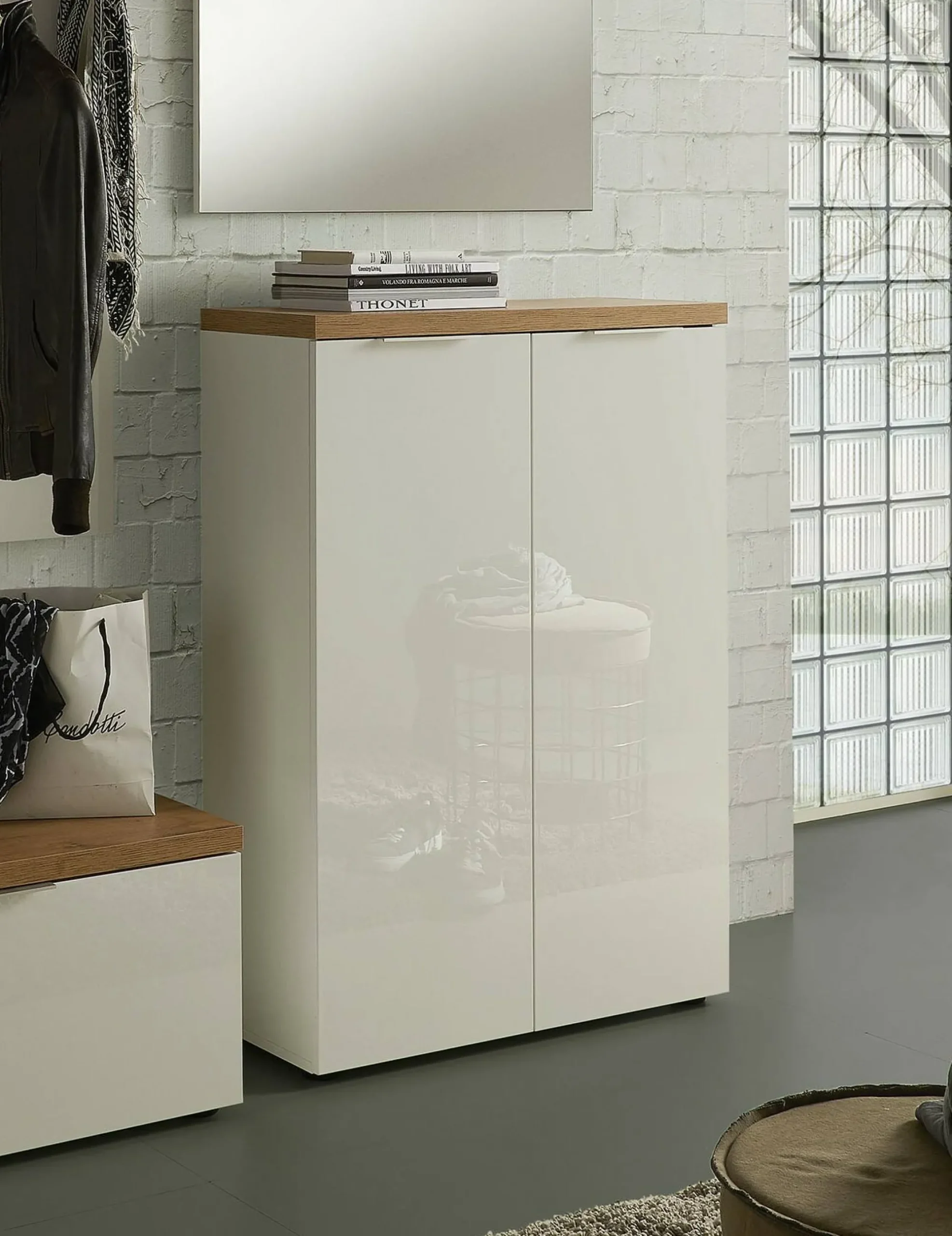 Scarpiera Dublino, 80x34h115 cm, Bianco lucido e Rovere<Dmora Best