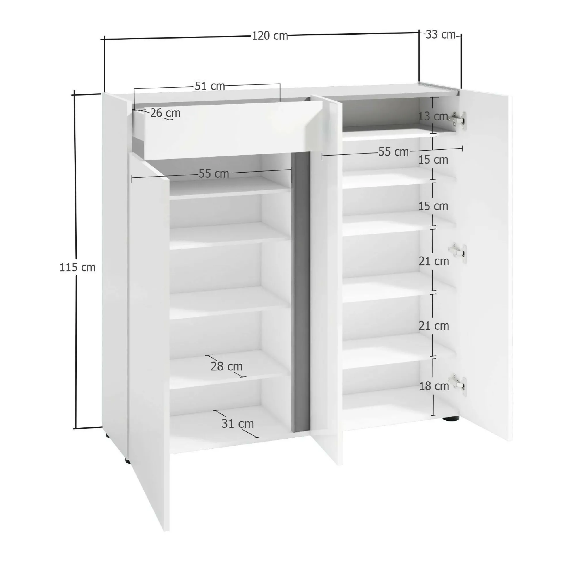 Scarpiera Ilda, 120x33h115 cm, Bianco lucido e Antracite<Dmora Fashion