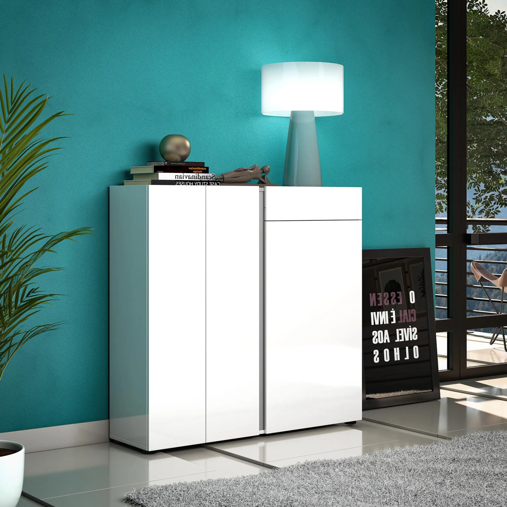 Scarpiera Ilda, 120x33h115 cm, Bianco lucido e Antracite<Dmora Fashion