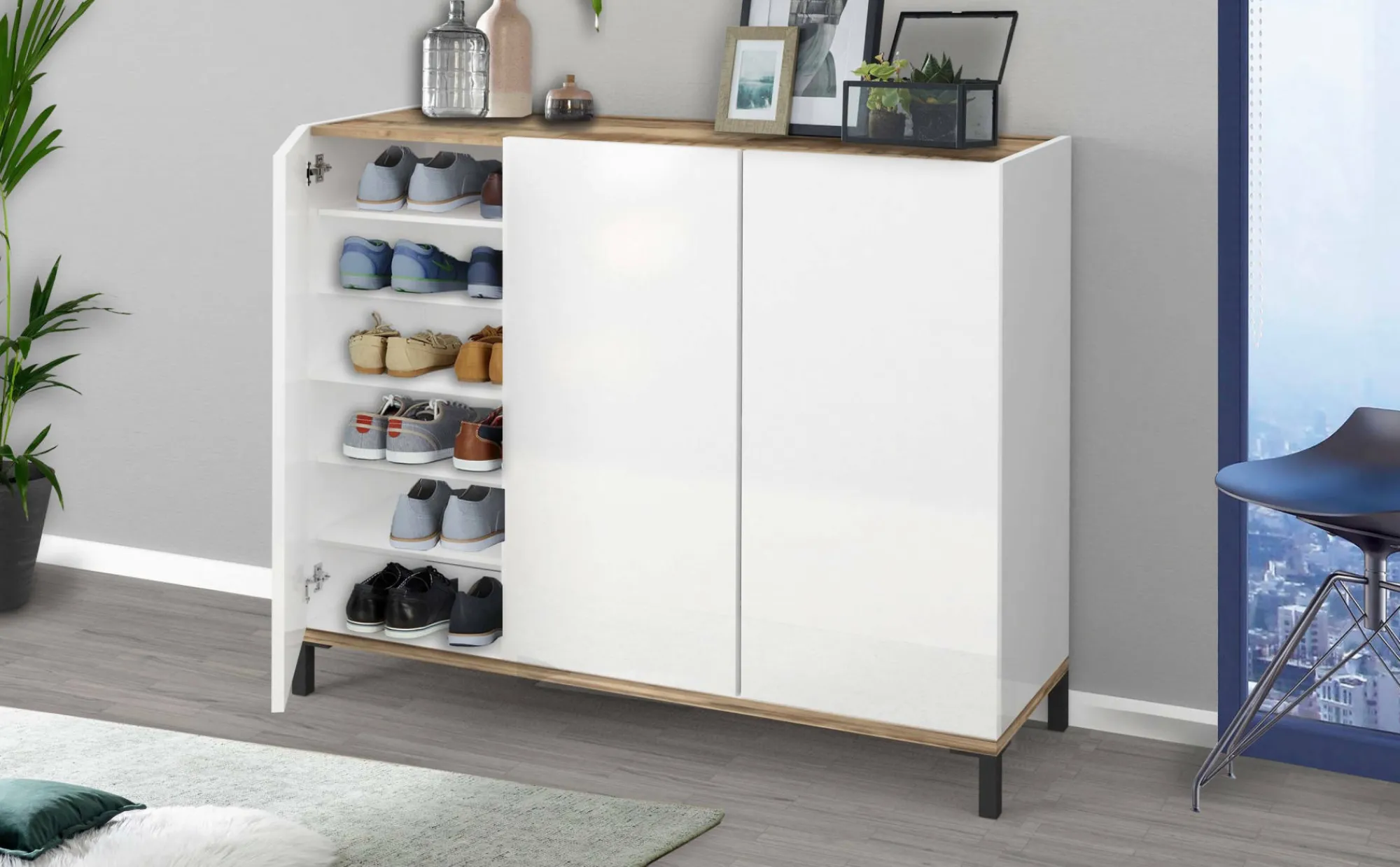 Scarpiera Lorelei, cm 135x40h102, Bianco lucido e Acero<Dmora Hot