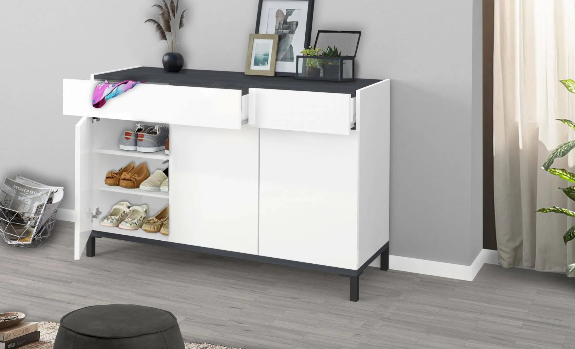 Scarpiera Syria, cm 120x40h80, Bianco lucido e Ardesia<Dmora Hot