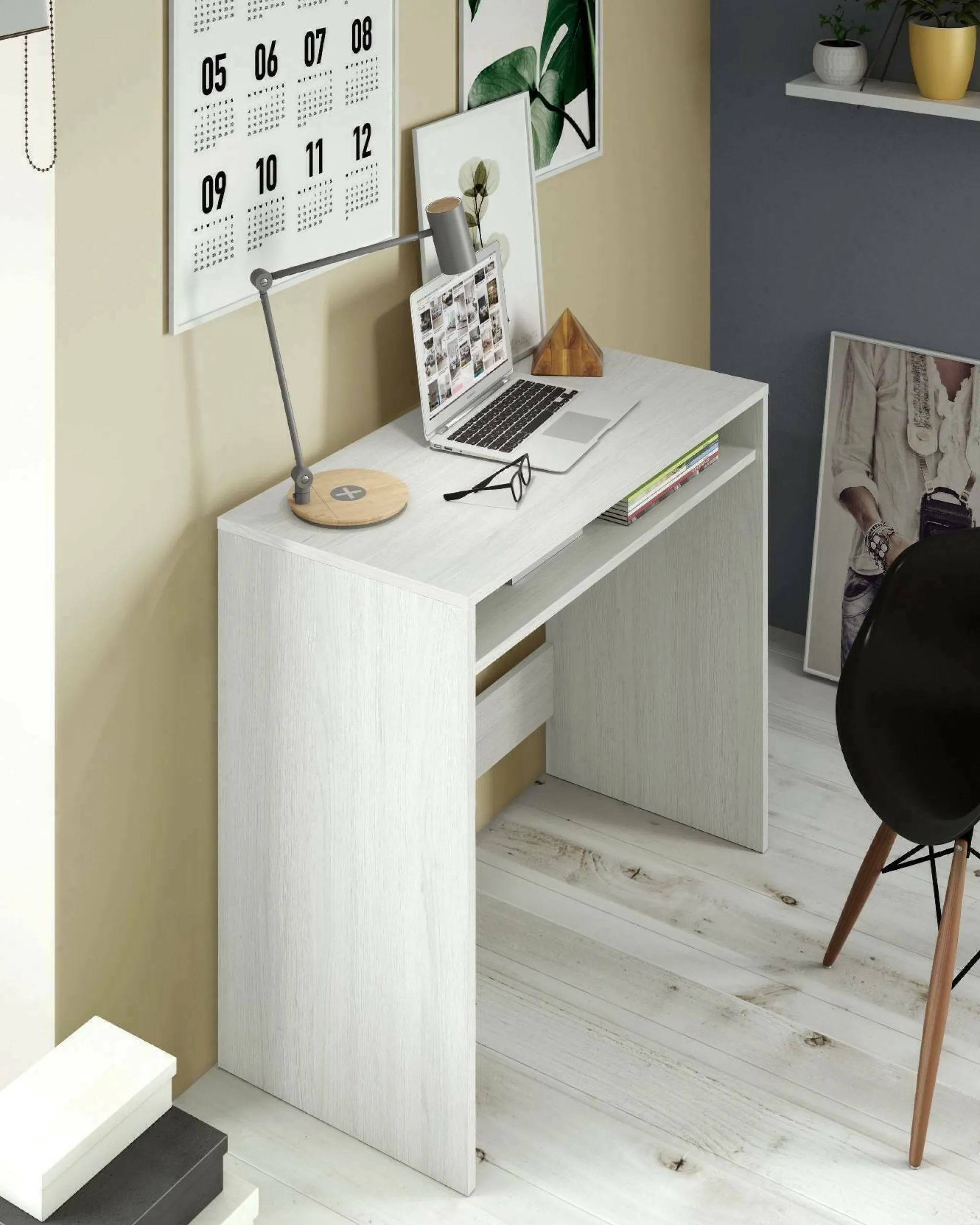 Scrivania Acu, 79x43h87 cm, Bianco effetto legno<Dmora Best Sale