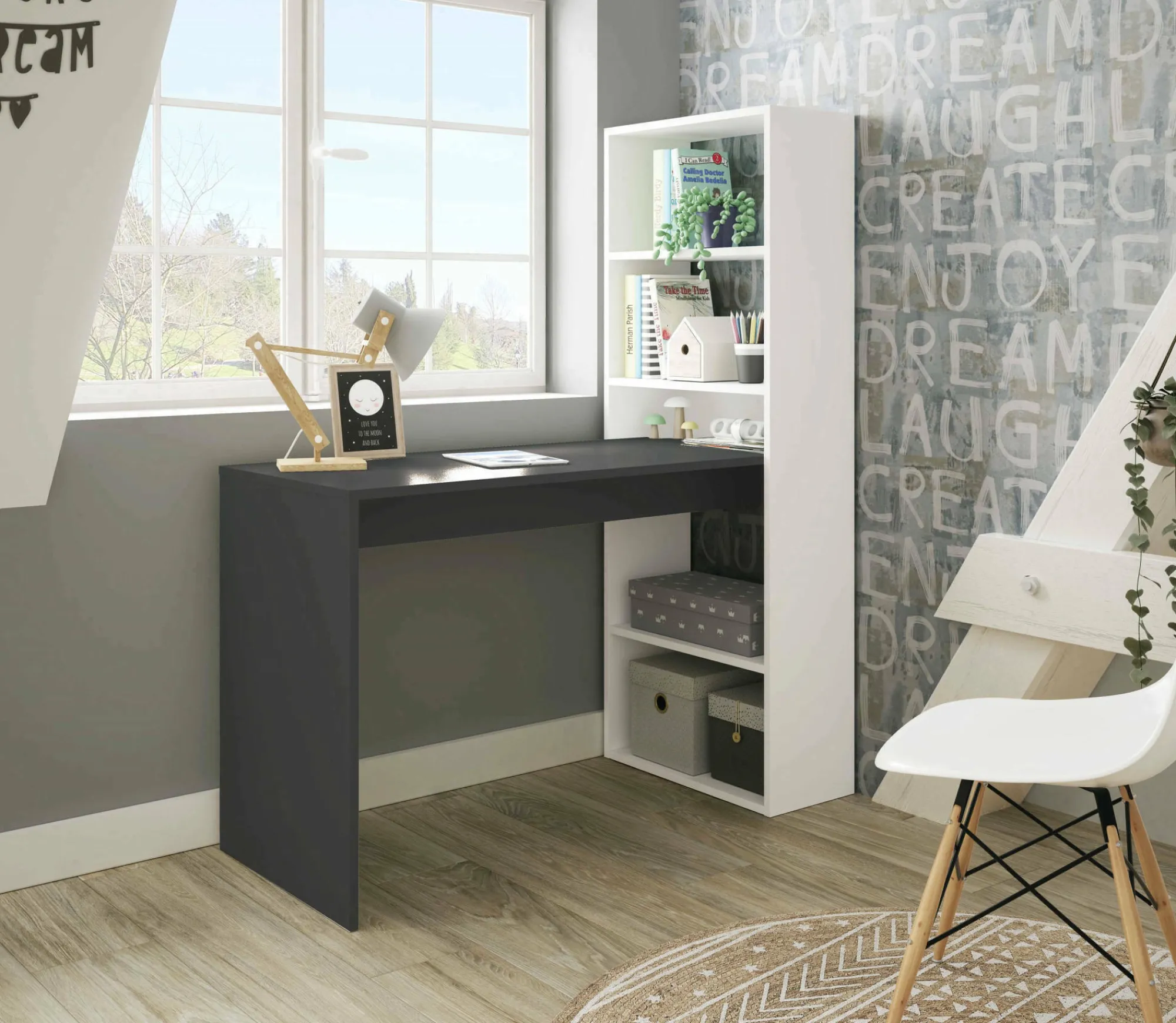 Scrivania Ali, 120x53h144 cm, Bianco e Antracite<Dmora Fashion
