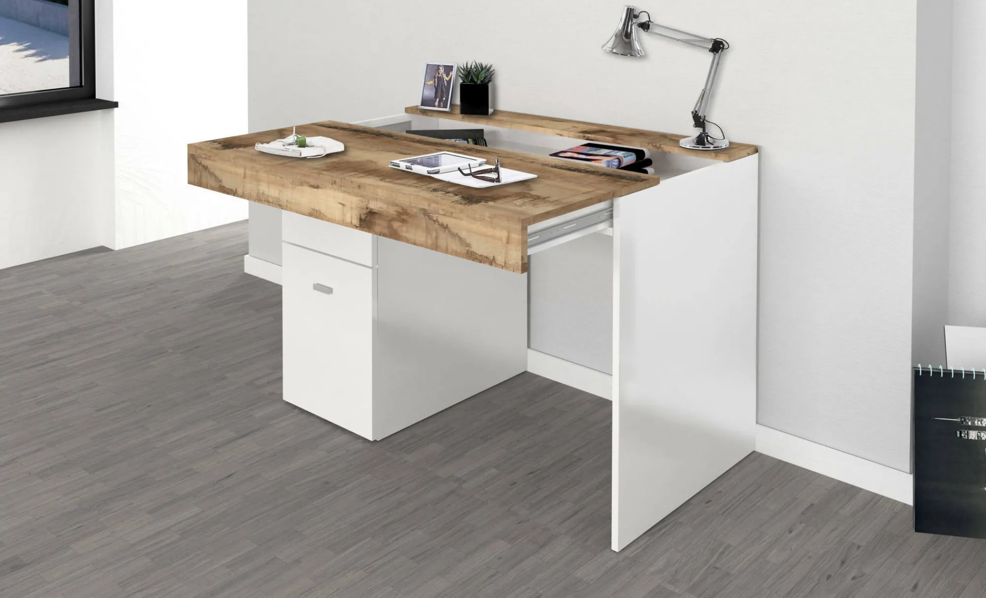 Scrivania Alpaca, cm 100x60h75, Bianco lucido e Acero<Dmora Hot