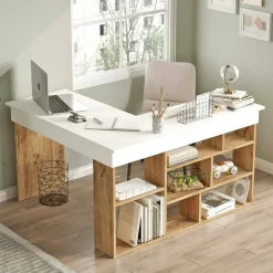 Scrivania Altin, 129x120h72 cm, Quercia e Bianco<Dmora Outlet