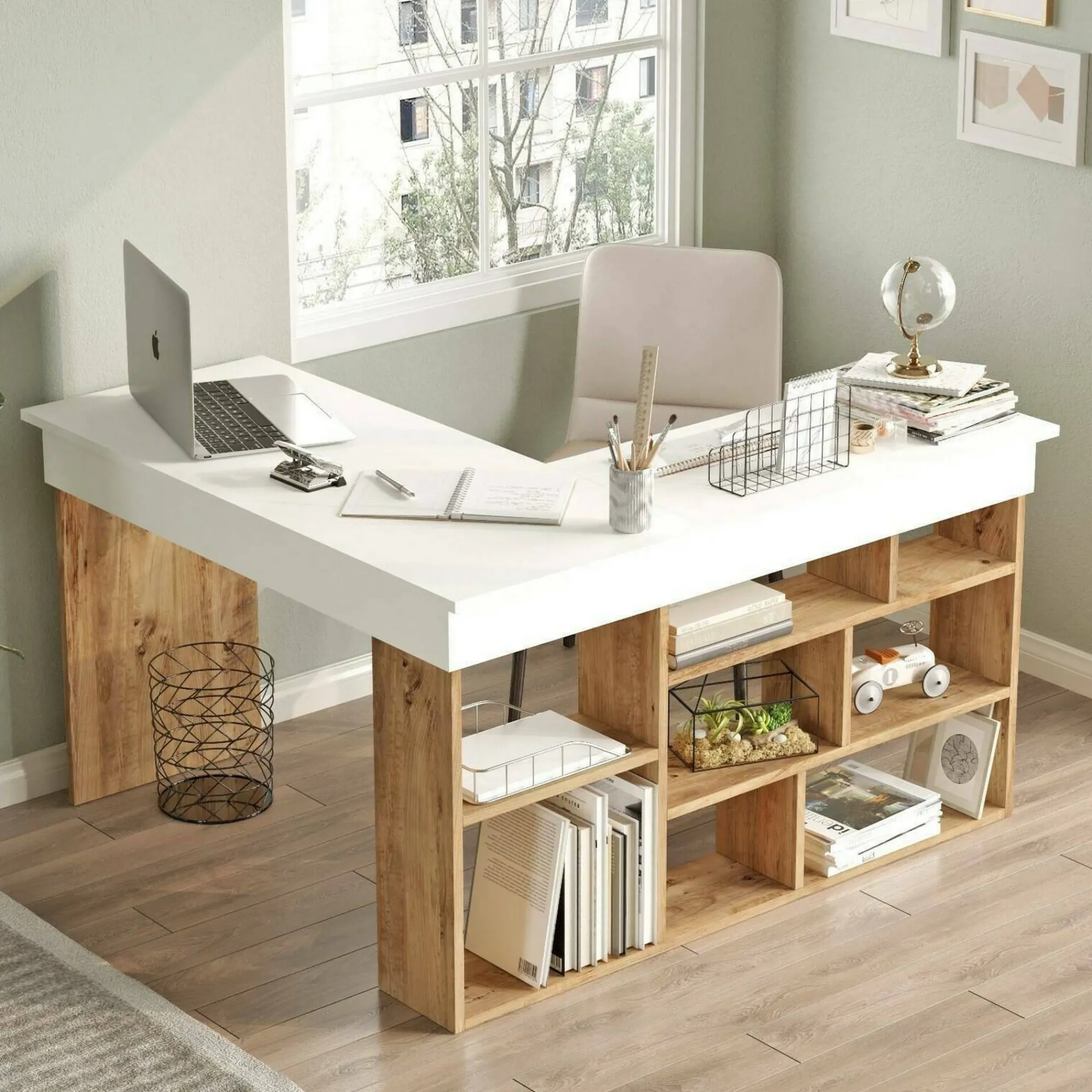 Scrivania Altin, 129x120h72 cm, Quercia e Bianco<Dmora Outlet