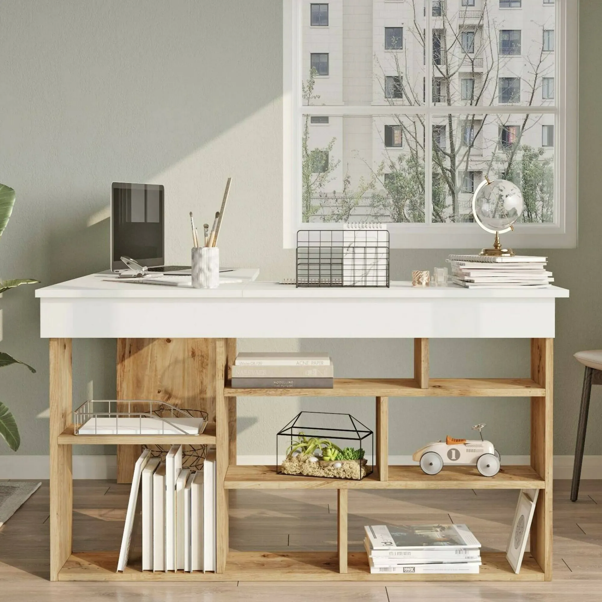 Scrivania Altin, 129x120h72 cm, Quercia e Bianco<Dmora Outlet