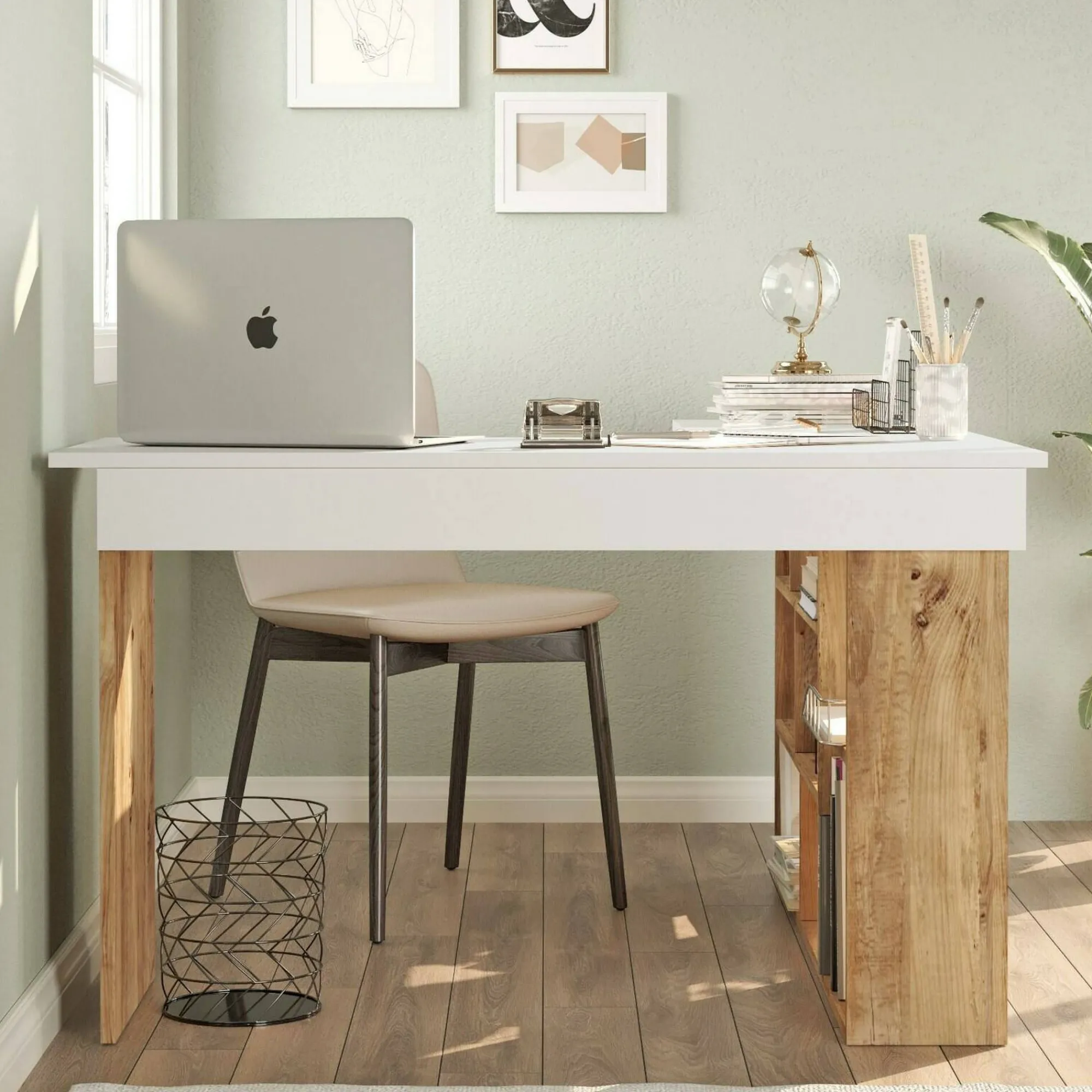 Scrivania Altin, 129x120h72 cm, Quercia e Bianco<Dmora Outlet