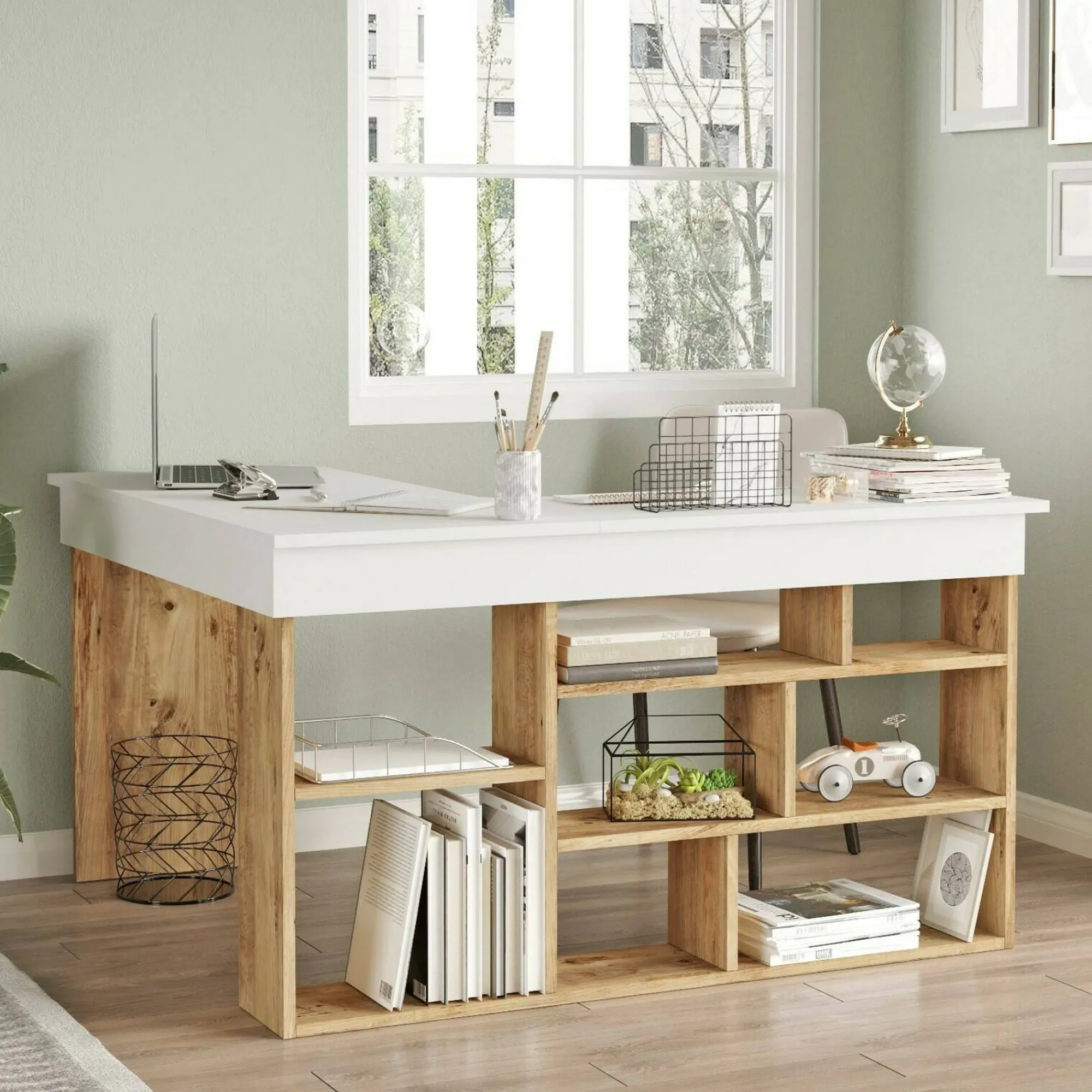 Scrivania Altin, 129x120h72 cm, Quercia e Bianco<Dmora Outlet