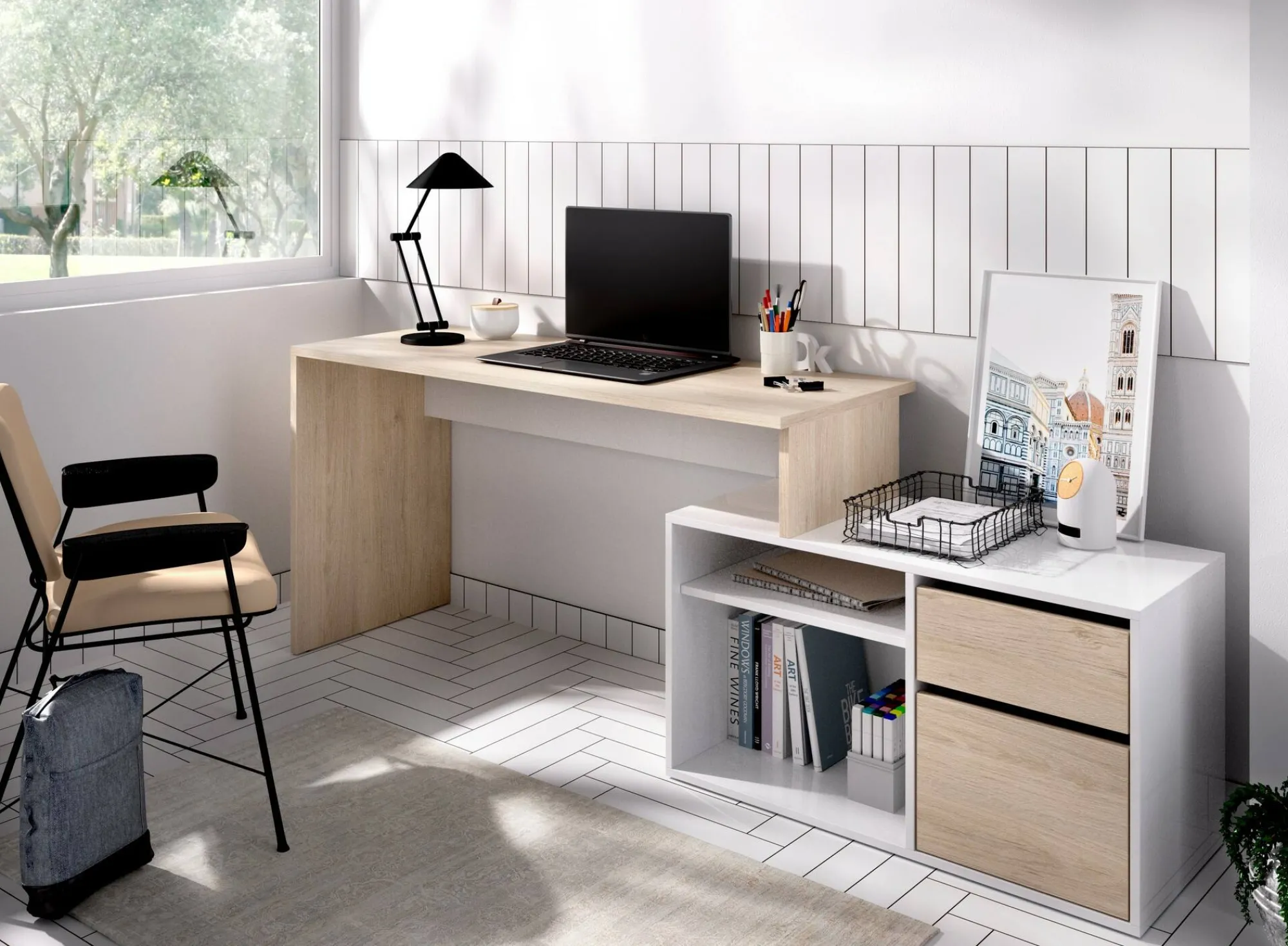 Scrivania Andor, 139x92h75 cm, Bianco e Rovere<Dmora Store