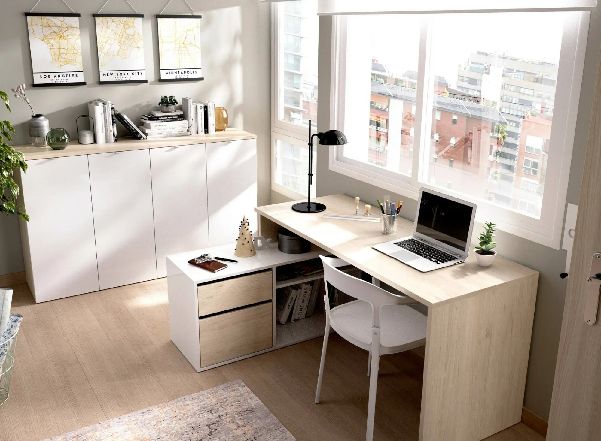 Scrivania Andor, 139x92h75 cm, Bianco e Rovere<Dmora Store
