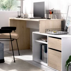 Scrivania Andor, 139x92h75 cm, Bianco e Rovere<Dmora Store