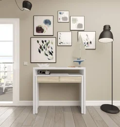 Scrivania Andriy, 99x36h88 cm, Bianco e Rovere<Dmora Discount