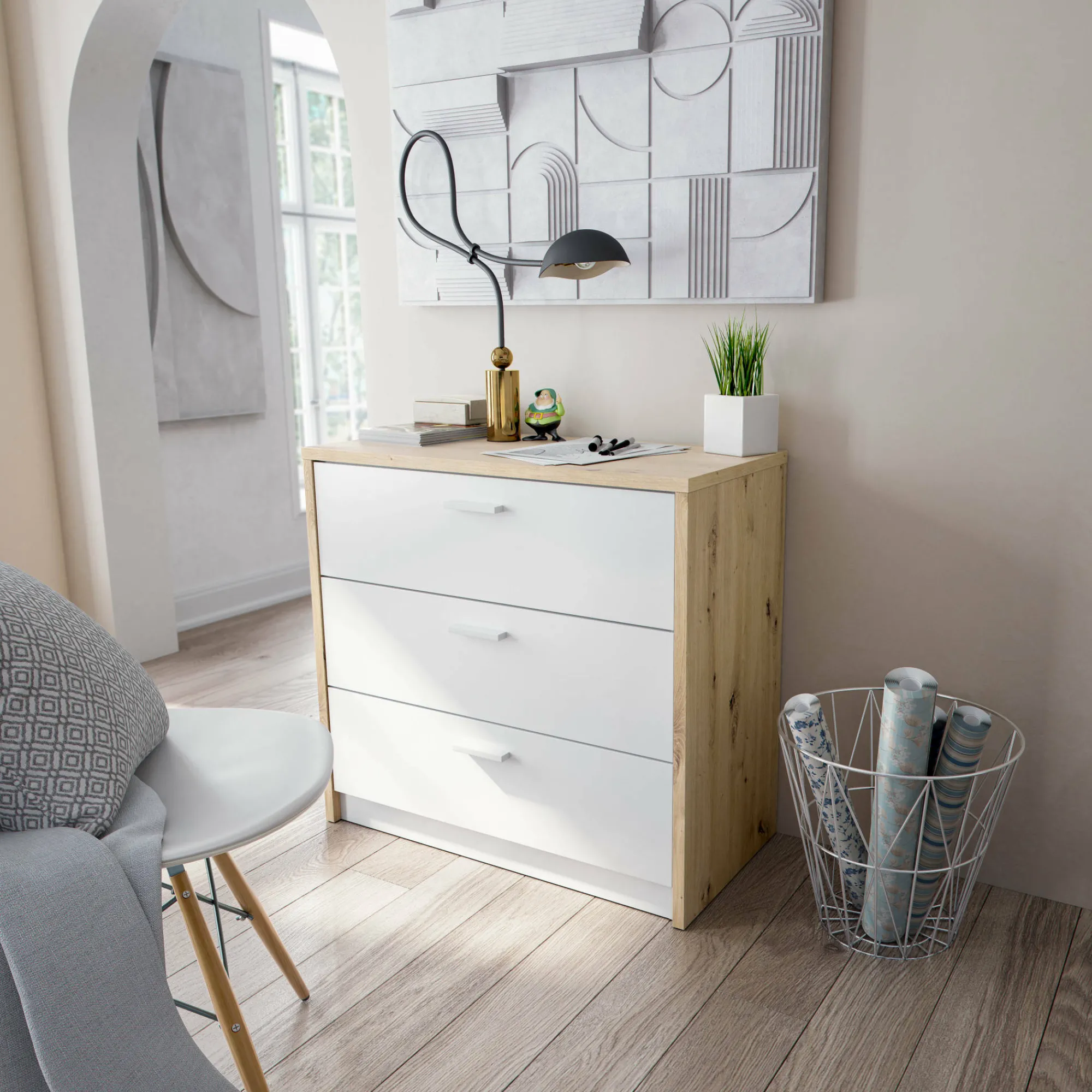 Scrivania Armando, 75x40h130 cm, Bianco e Rovere nodi<Dmora Sale