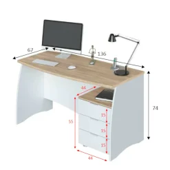 Scrivania Azziz, 136x67h74 cm, Bianco e Rovere<Dmora Sale