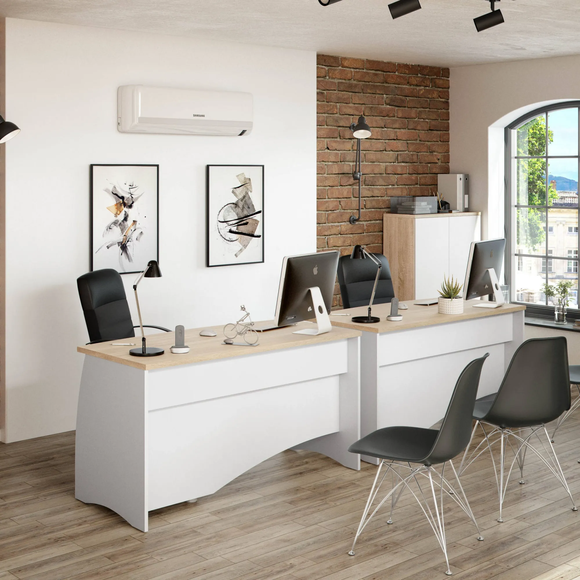 Scrivania Azziz, 136x67h74 cm, Bianco e Rovere<Dmora Sale