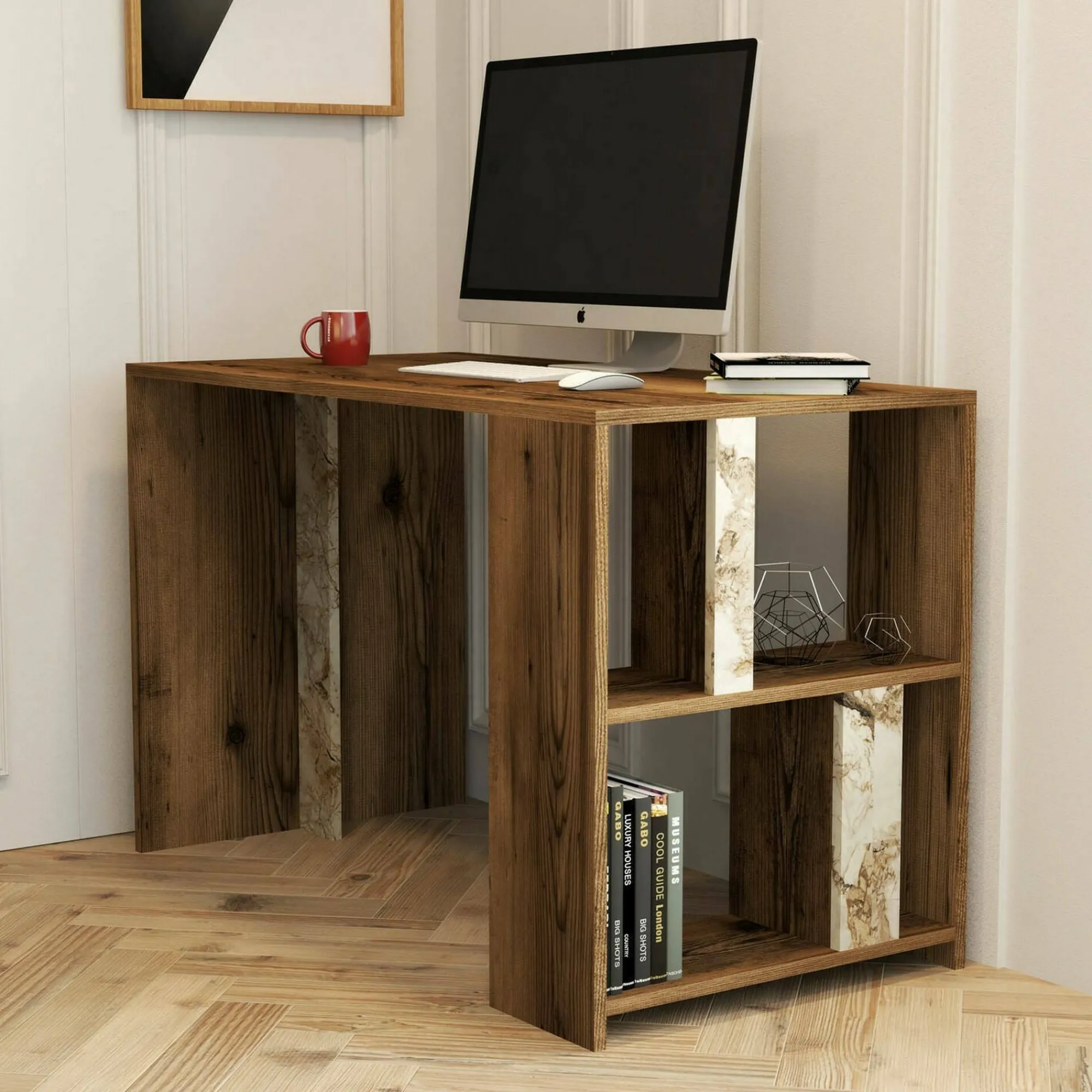 Scrivania Bising, 120x60h75 cm, Noce e Bianco Marmo<Dmora Best Sale