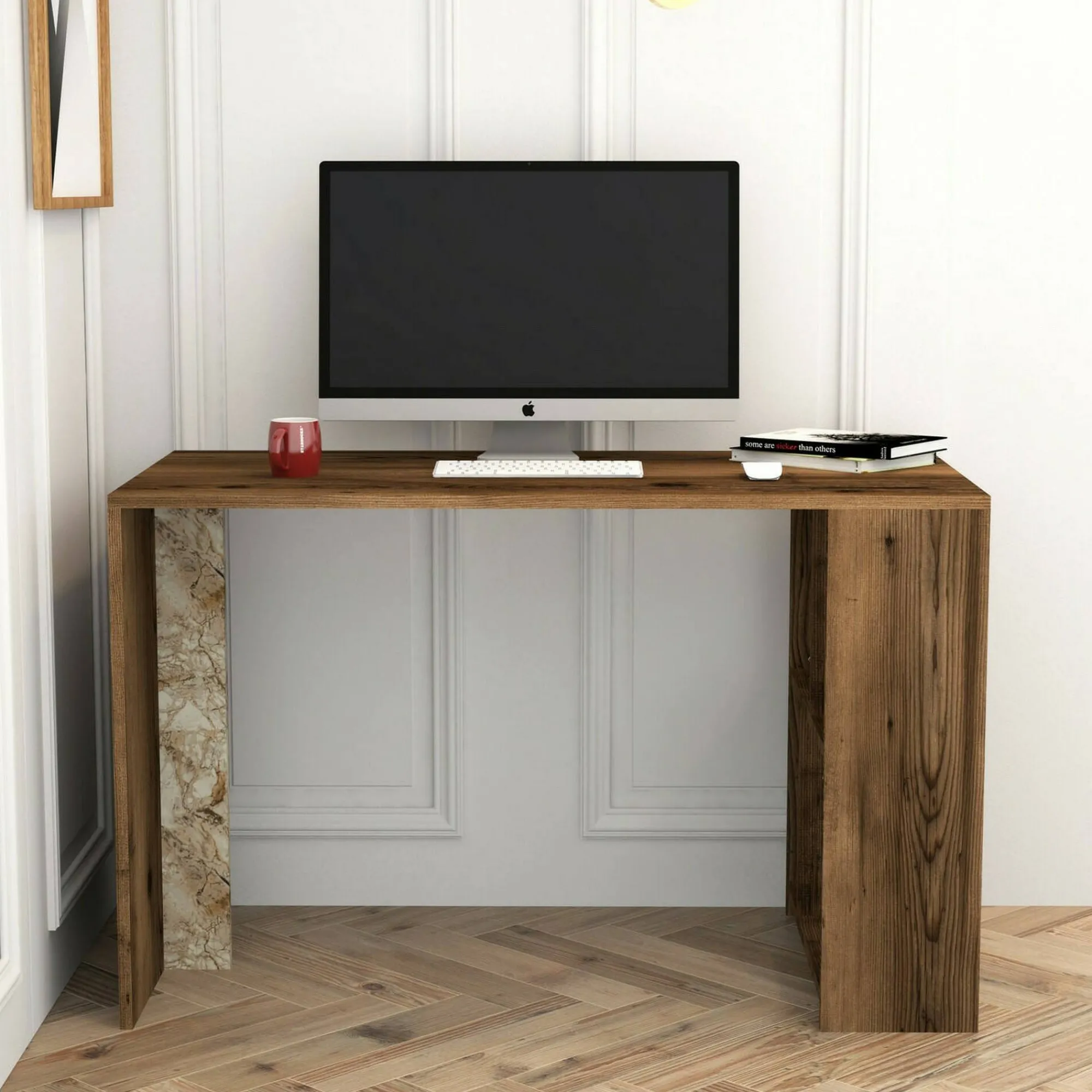 Scrivania Bising, 120x60h75 cm, Noce e Bianco Marmo<Dmora Best Sale