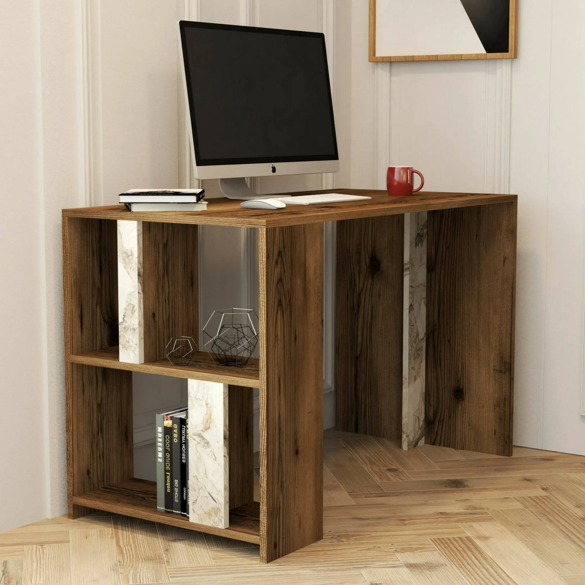 Scrivania Bising, 120x60h75 cm, Noce e Bianco Marmo<Dmora Best Sale