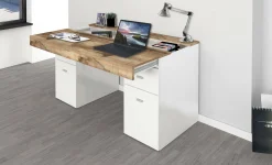Scrivania Dbro, cm 130x60h75, Bianco lucido e Acero<Dmora Discount