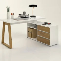 Scrivania Dcalabres, 135x75h120 cm, Bianco lucido e Rovere<Dmora Outlet