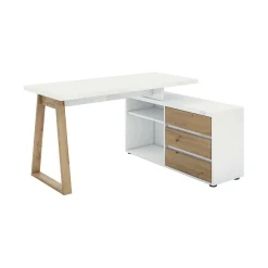 Scrivania Dcalabres, 135x75h120 cm, Bianco lucido e Rovere<Dmora Outlet
