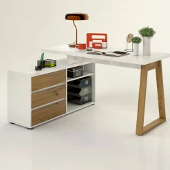 Scrivania Dcalabres, 135x75h120 cm, Bianco lucido e Rovere<Dmora Outlet