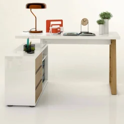 Scrivania Dcalabres, 135x75h120 cm, Bianco lucido e Rovere<Dmora Outlet