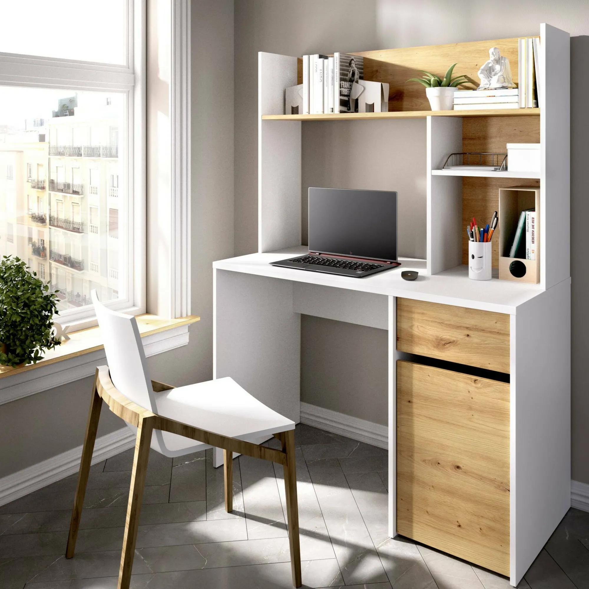 Scrivania Dcutrona, 110x50h152 cm, Bianco e Rovere Nodi<Dmora Cheap
