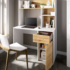 Scrivania Dcutrona, 110x50h152 cm, Bianco e Rovere Nodi<Dmora Cheap