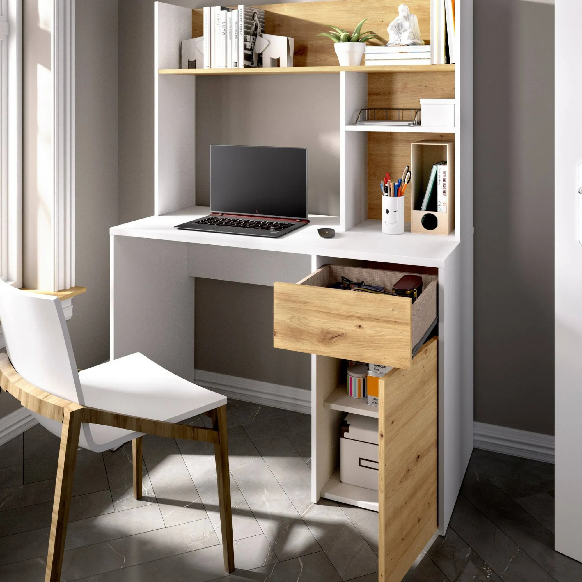 Scrivania Dcutrona, 110x50h152 cm, Bianco e Rovere Nodi<Dmora Cheap