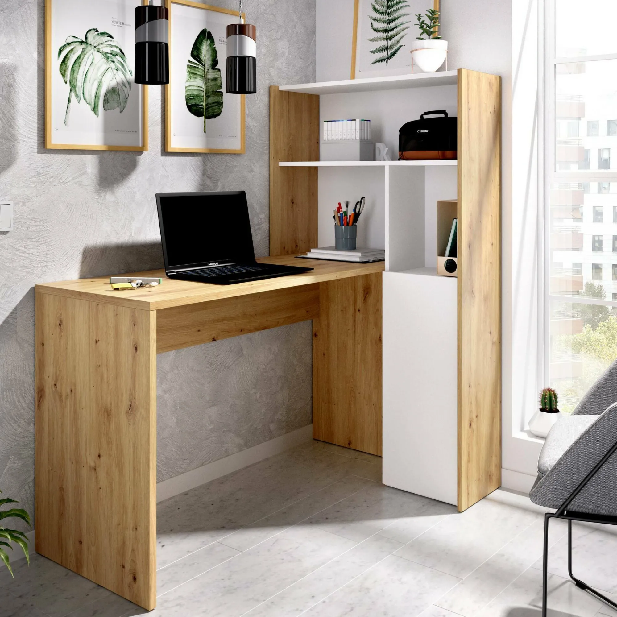 Scrivania Ddamian, 111x82h139 cm, Bianco e Rovere Nodi<Dmora Flash Sale