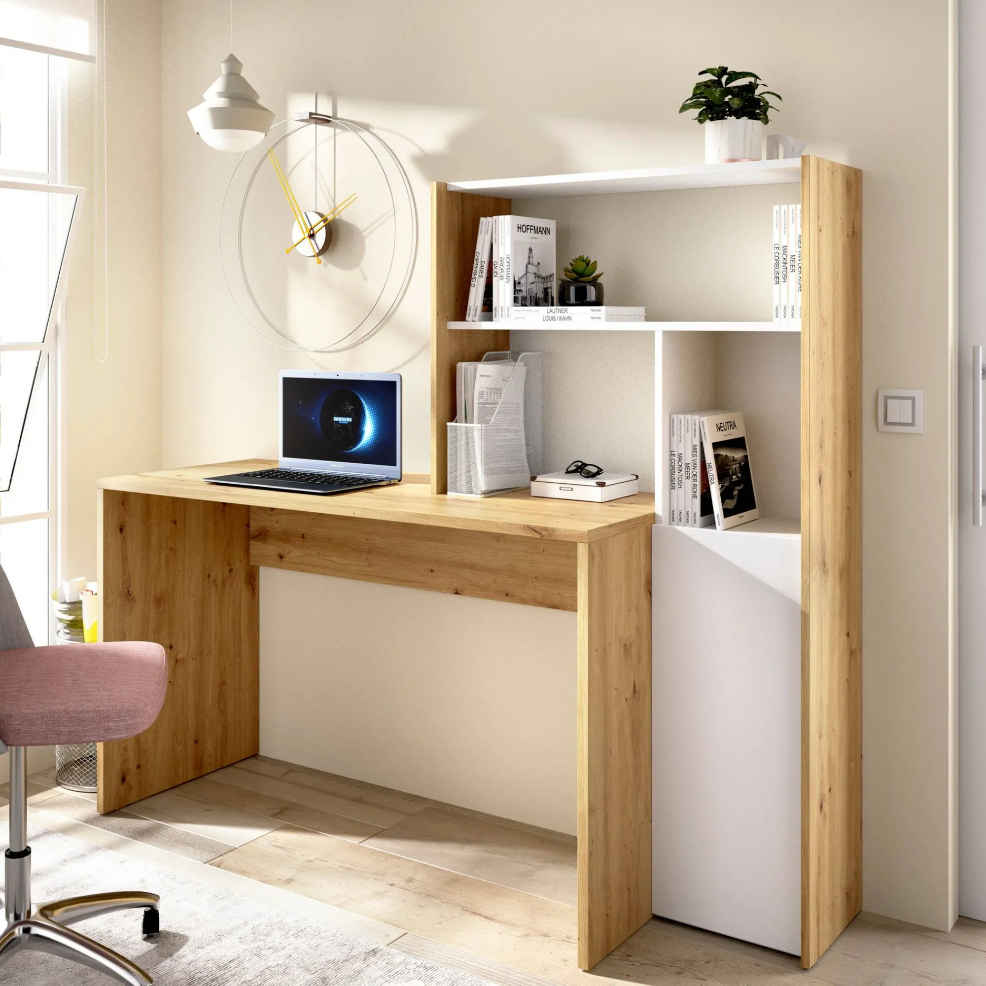 Scrivania Ddamian, 111x82h139 cm, Bianco e Rovere Nodi<Dmora Flash Sale
