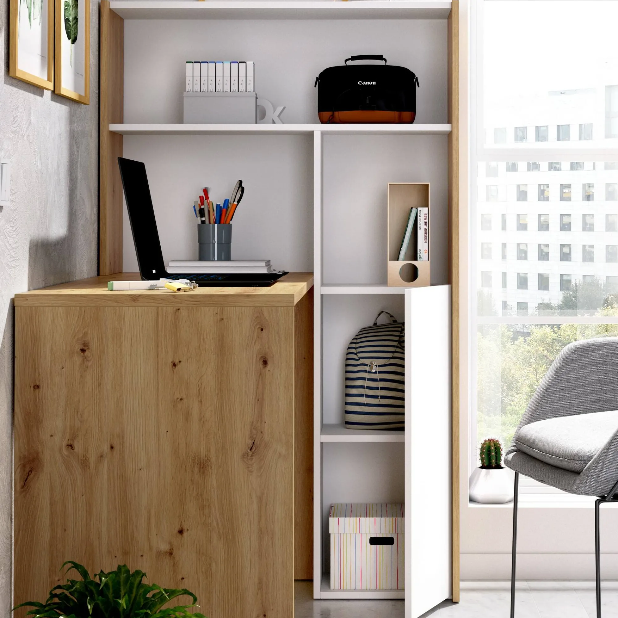 Scrivania Ddamian, 111x82h139 cm, Bianco e Rovere Nodi<Dmora Flash Sale