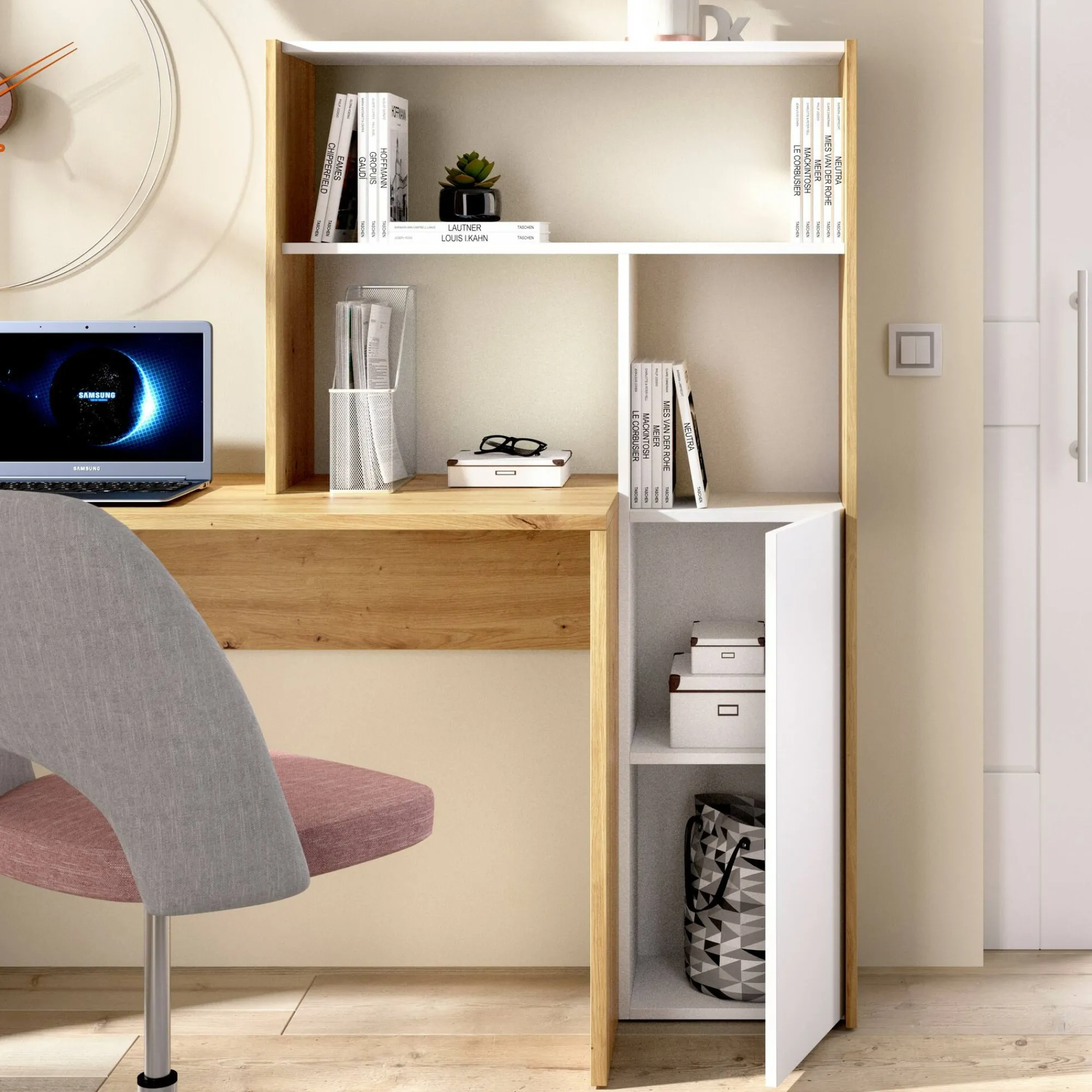 Scrivania Ddamian, 111x82h139 cm, Bianco e Rovere Nodi<Dmora Flash Sale