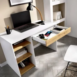 Scrivania Ddiakit, 110x50h74 cm, Bianco e Rovere Nodi<Dmora New