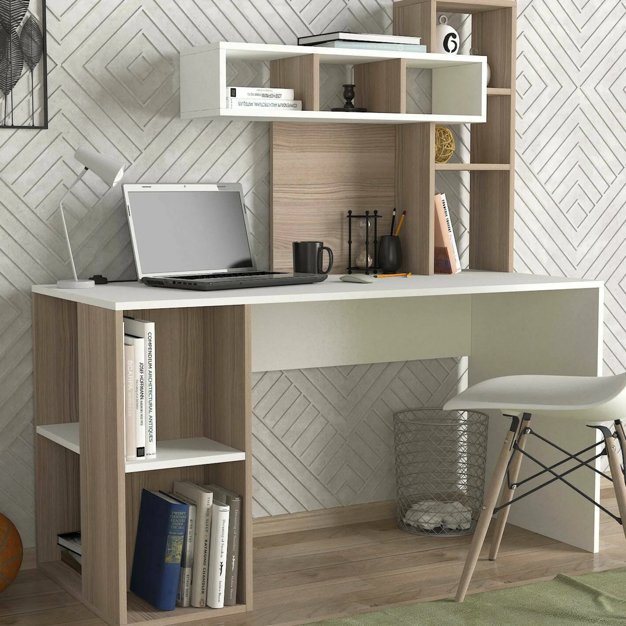 Scrivania Dghiringhell, 140x60 h154 cm, Bianco e Rovere<Dmora Fashion